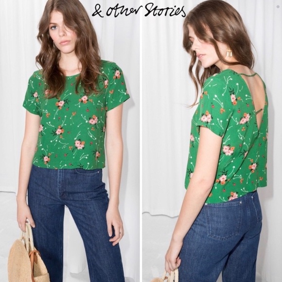 & Other Stories Green Floral V-Back Top - Picture 3 of 4